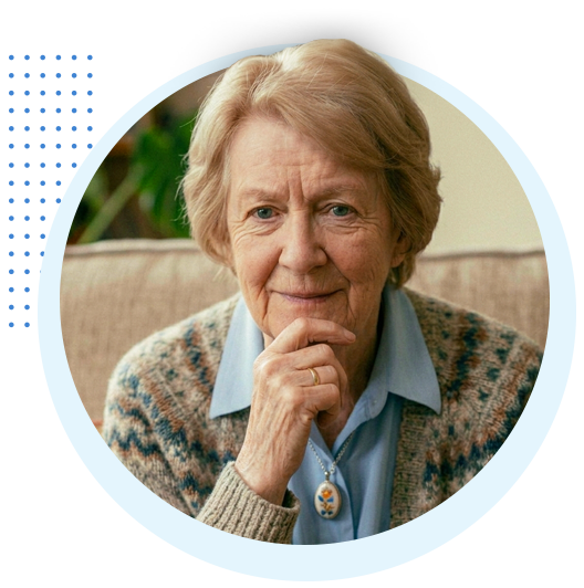Elderly woman thinking and smiling, illustrating the question: What is the best landline replacement after 2027?